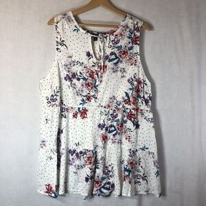 Torrid Size 2 White w Red Purple Green Flowers Sleeveless Baby Doll Shirt